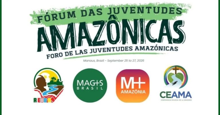 Arte do Fórum das Juventudes Amazônicas, realizado em Manaus de 25 a 27 de setembro de 2026. O título aparece em destaque em tons de verde, acompanhado das versões em português e espanhol. Na parte inferior, estão os logotipos da REPAM, MAGIS Brasil, MH+ Amazônia e CEAMA.